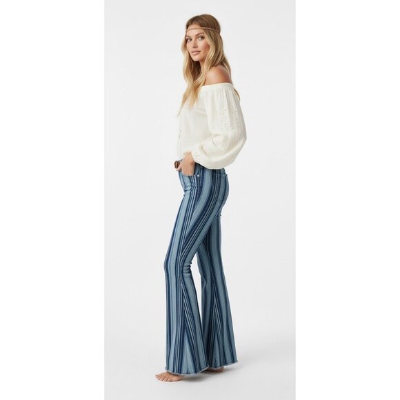 RARE NWT Free People Blue Stripe Super Flare Bell Bottom Jeans Boho Hippie Retro - Picture 5 of 16